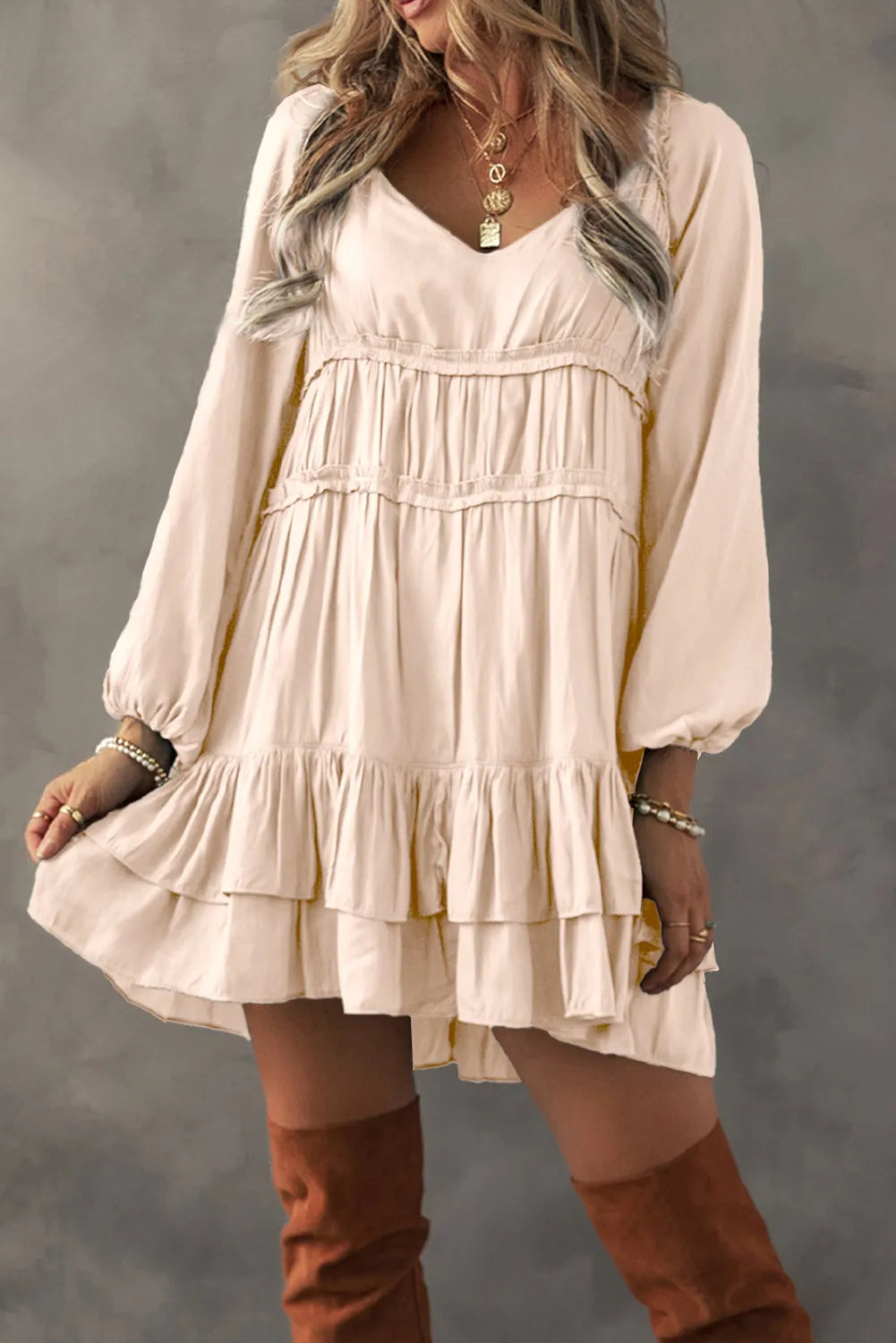 Frill Nuetral Cream Ruffled V-Neck Long Sleeve Mini Peasant Dress