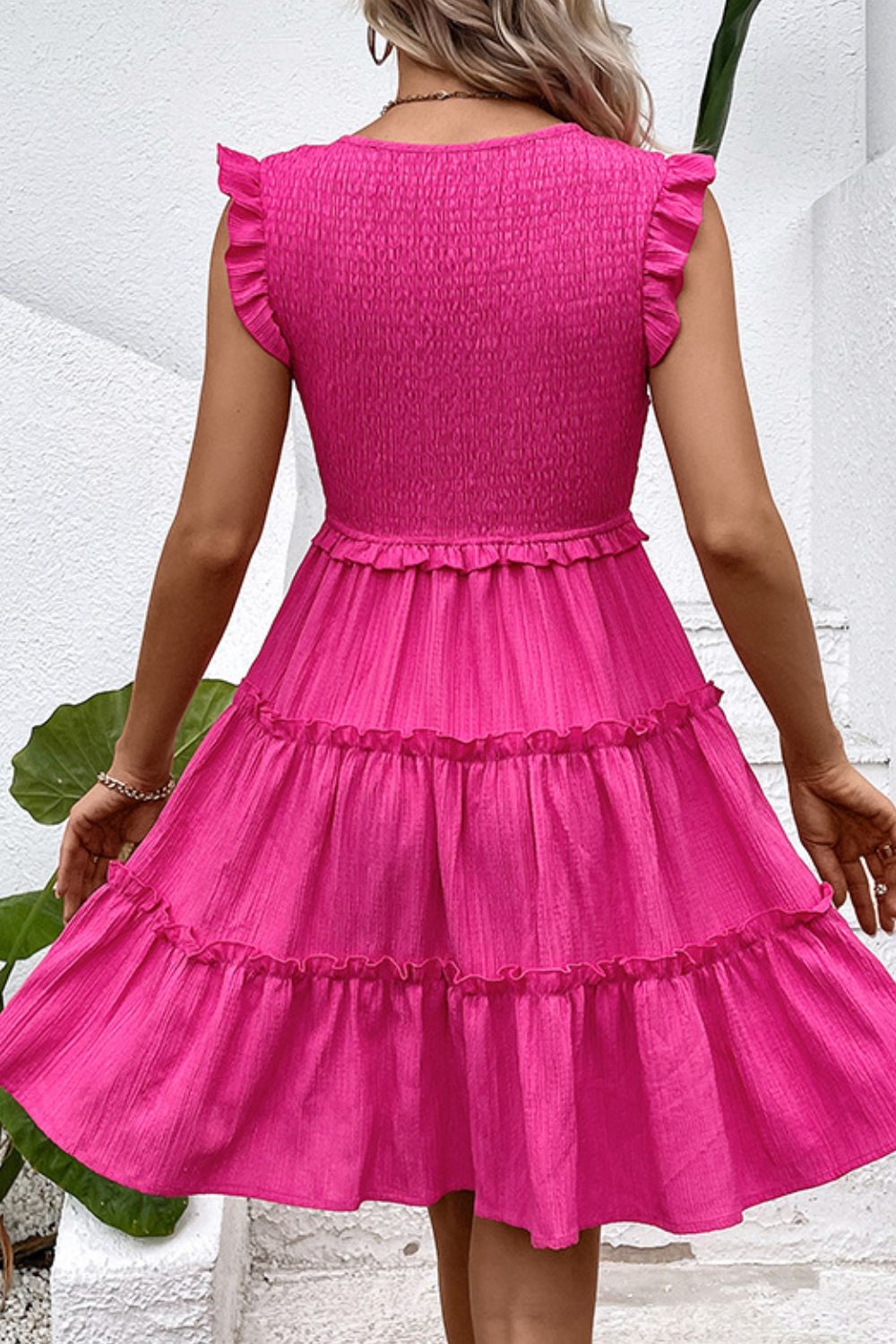 Fun Girls Smocked Frill Trim Deep V Dress