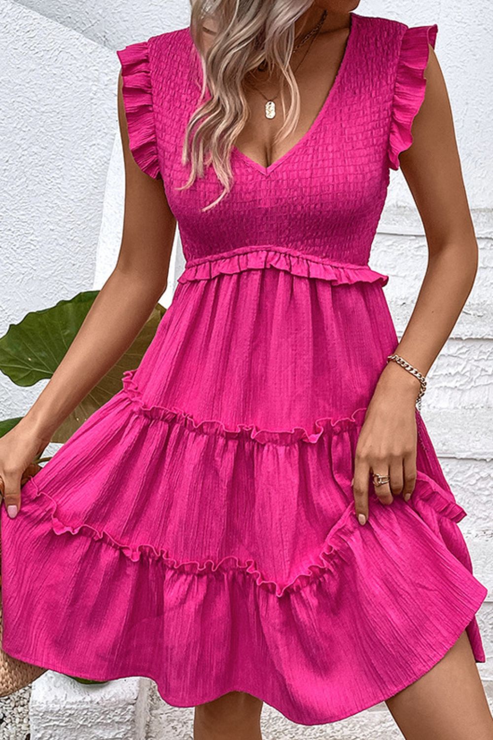 Fun Girls Smocked Frill Trim Deep V Dress