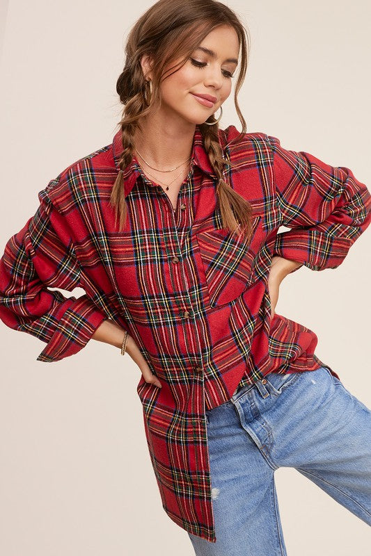 Women's Fall/Winter Flannel Casual Red Plaid Button Down Shirt