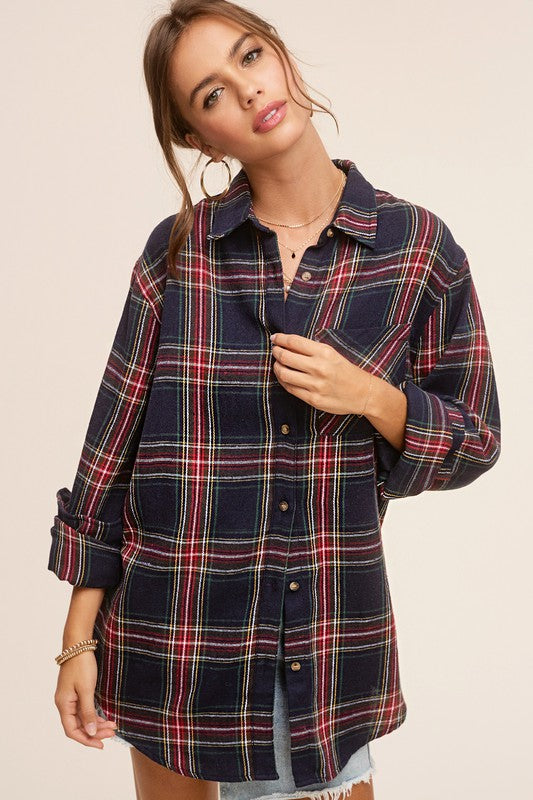 Women's Fall/Winter Flannel Casual Red Plaid Button Down Shirt