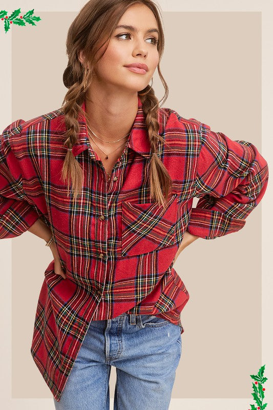 Women's Fall/Winter Flannel Casual Red Plaid Button Down Shirt