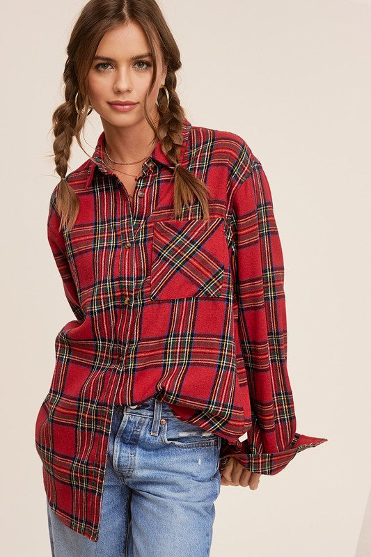 Women's Fall/Winter Flannel Casual Red Plaid Button Down Shirt