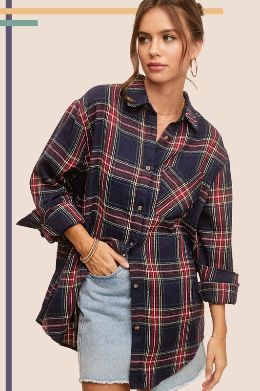 Women's Fall/Winter Flannel Casual Red Plaid Button Down Shirt