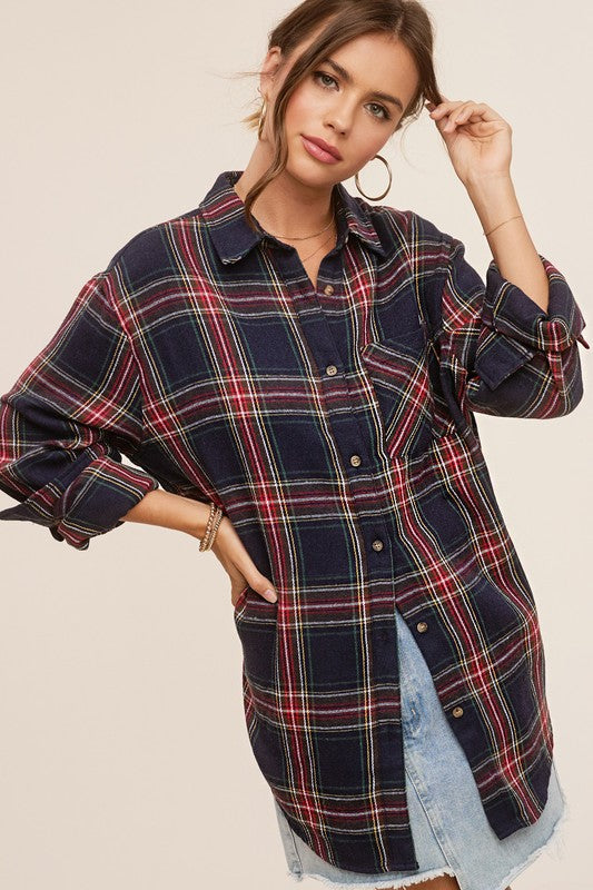 Women's Fall/Winter Flannel Casual Red Plaid Button Down Shirt