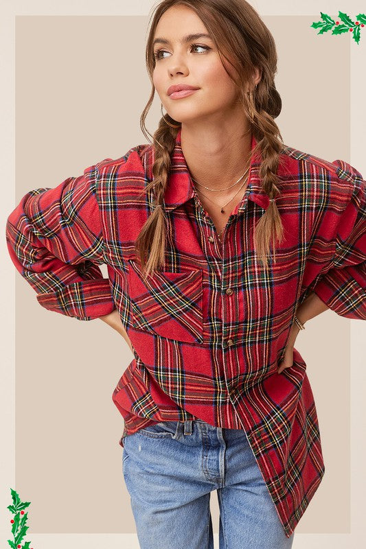 Women's Fall/Winter Flannel Casual Red Plaid Button Down Shirt