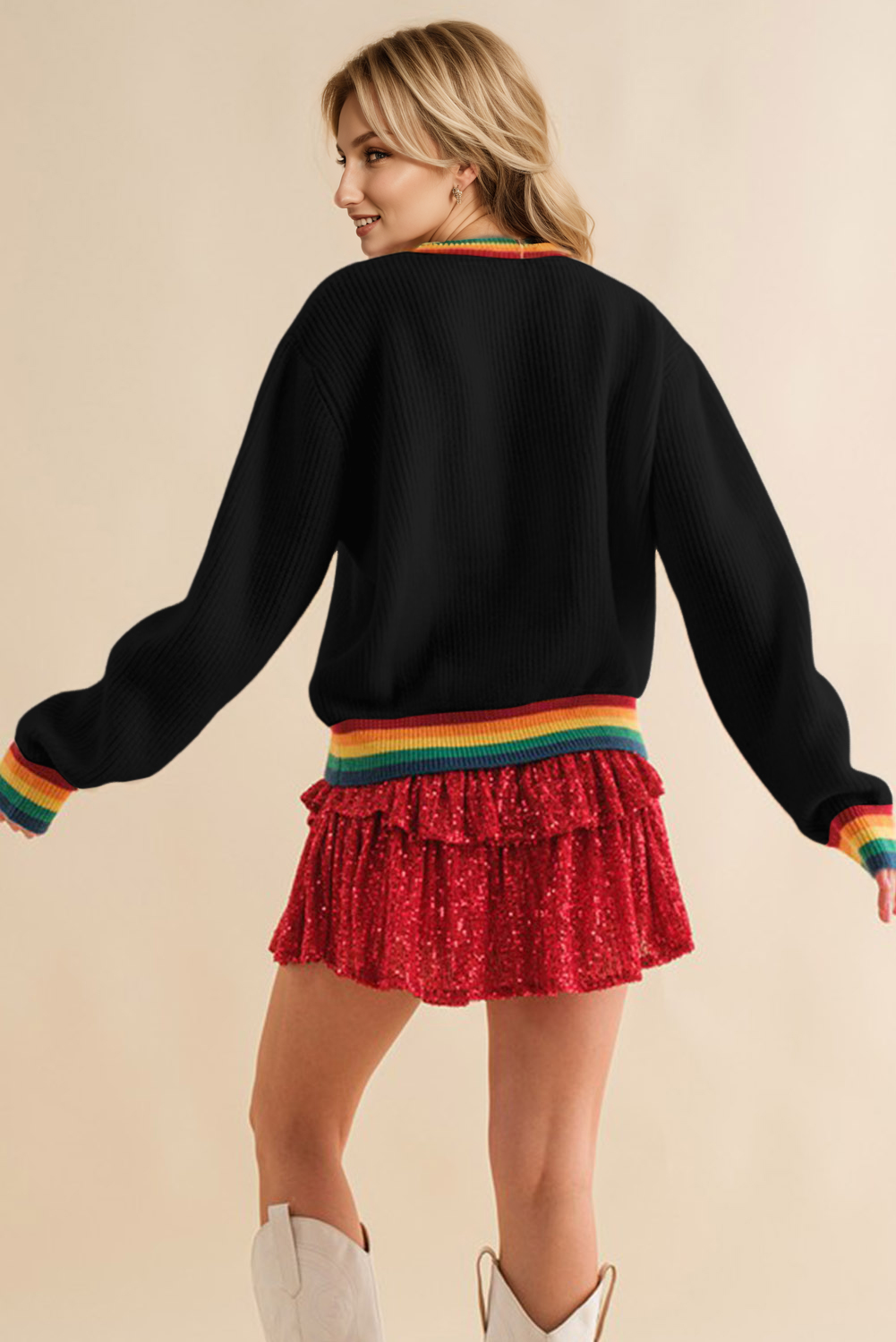 Colorful Holiday Ribbed Round Neck Sweater with cutesy Cursive lettering says "merry & bright"