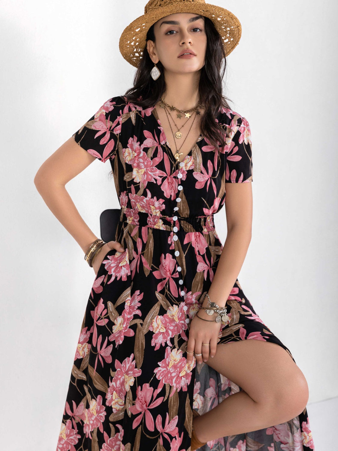 Floral V-Neck Slit Dress