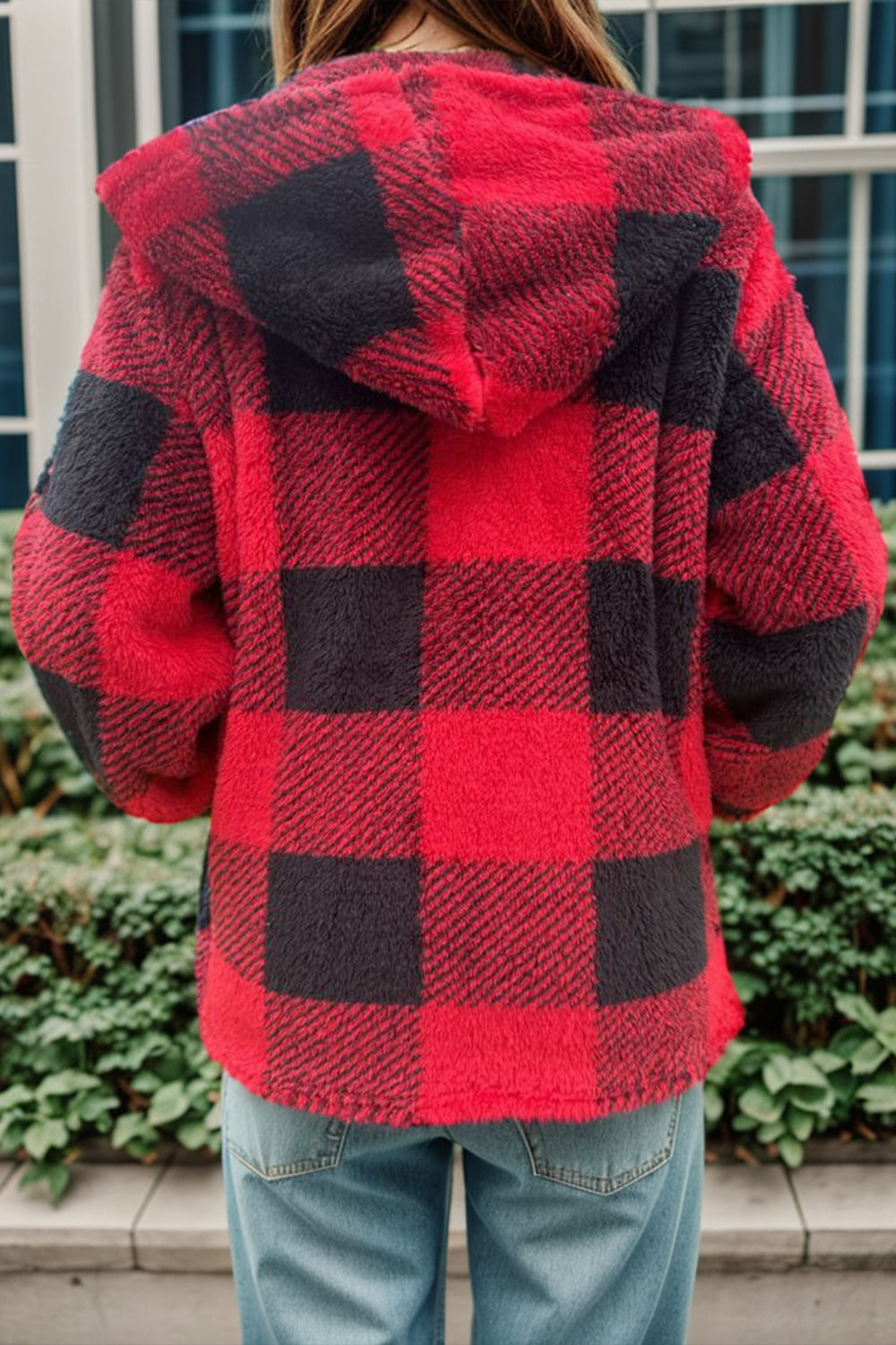 Double Take Plaid Long Sleeve Hooded Coat S M L Plus Size