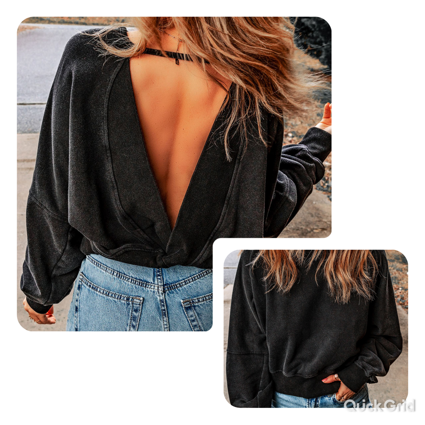 Double Take Round Neck Open Back Sweatshirt