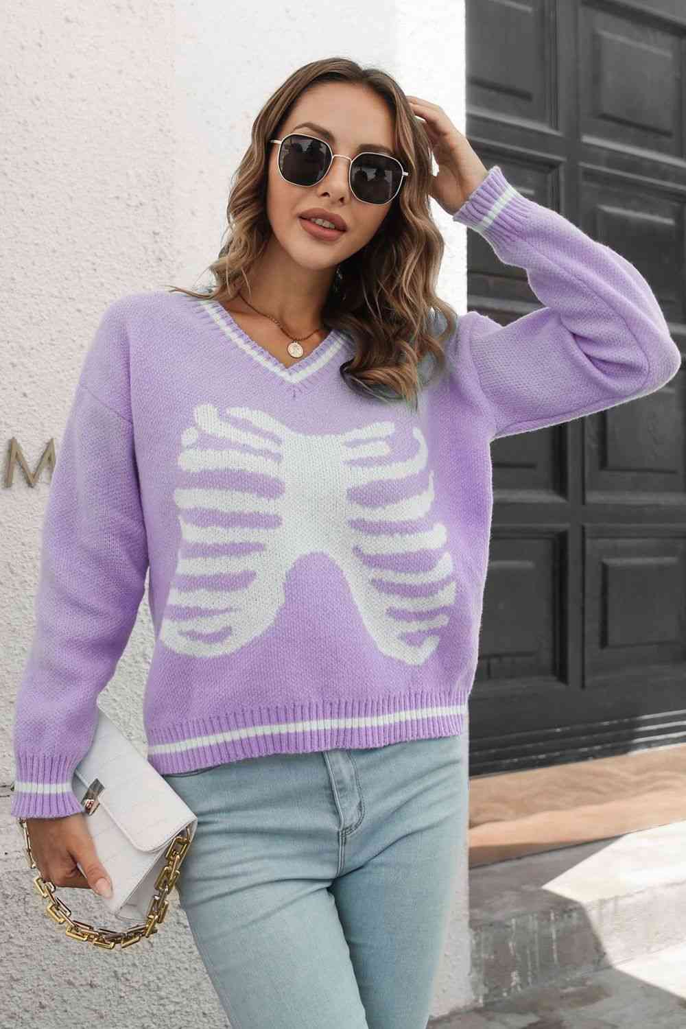 Skeleton Pattern V-Neck Long Sleeve Pullover Sweater