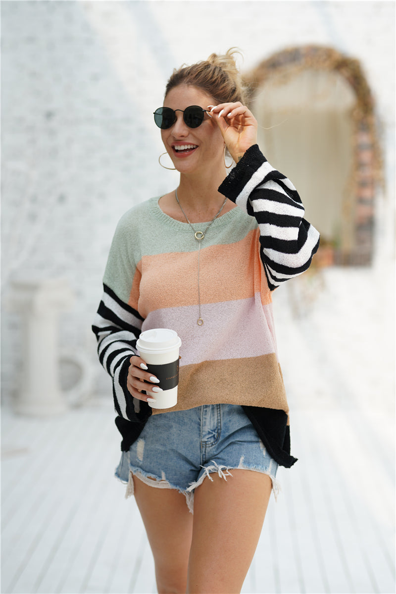 Striped Ribbed Trim Bell Sleeve Sweater