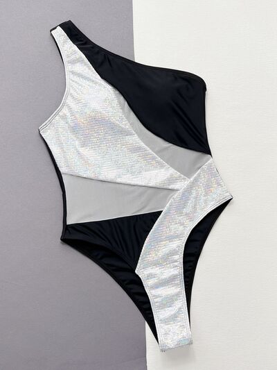 Contrast Silver Panel Mesh Colorblock One-Piece Swimsuit size S, M, L
