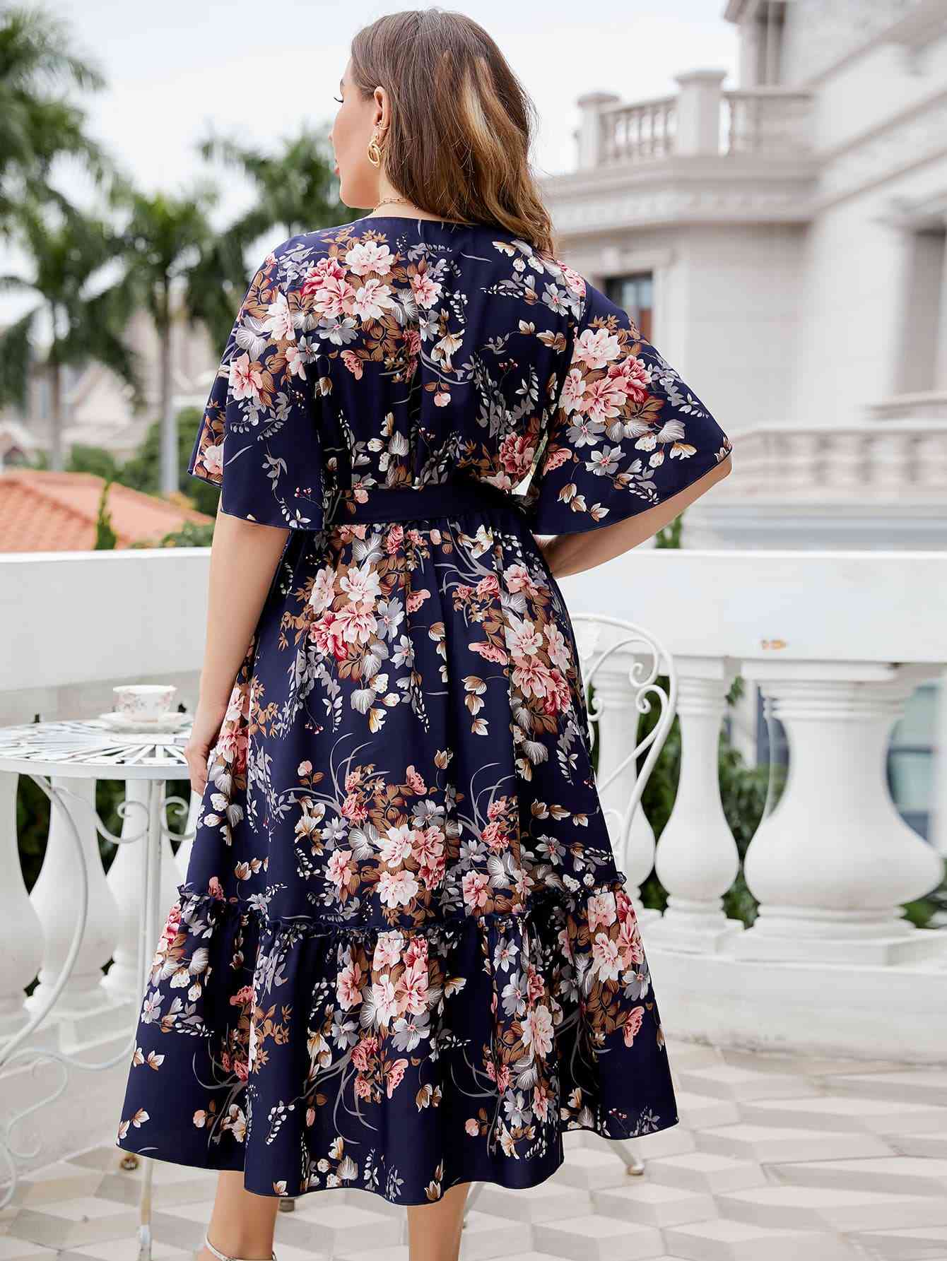 Plus Size Floral Surplice Neck Midi Dress